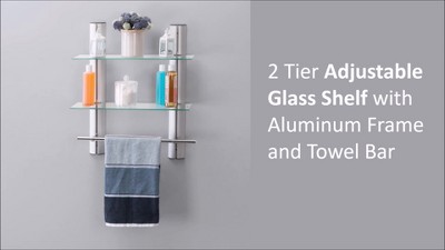 2 Tier Adjustable Glass Shelf with Aluminum Frame and Towel Bar Silver