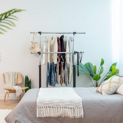 Adjustable Black Metal Double Rod Clothes Rack with Wheels
