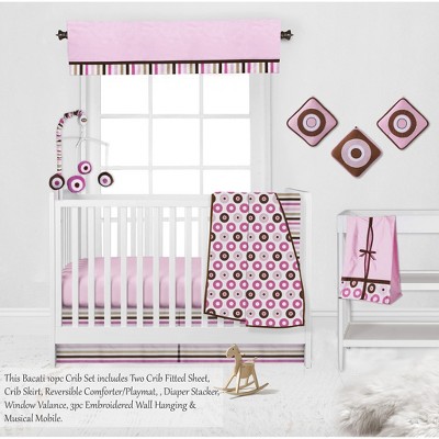 Bacati - Mod Dots Stripes Pink Fuschia Beige Chocolate 10 pc Crib Bedding Set with 2 Crib Fitted Sheets