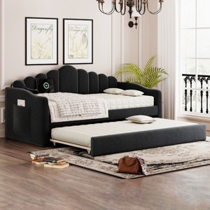 KWPZQEB Twin Size Daybed with Trundle, Velvet Upholstered Sofa Bed with Charging Port & 2 Side Pockets, No Box-spring Needed - 1 of 4