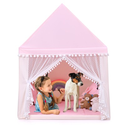 Infans 4.5 FT Kids Play Tent, Large Playhouse w/Washable Mat, Windows, Solid Wood Frame, Indoor Outdoor Tent for Children, Castle Fairy Tent, Pink