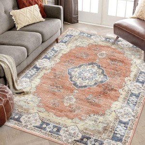 Bohemian Vintage Style Rug, Washable Low Pile Rug with Rubber Backing, Floral Floor Rug for Bedroom, Living Room, Home Office, Game Room - 1 of 4