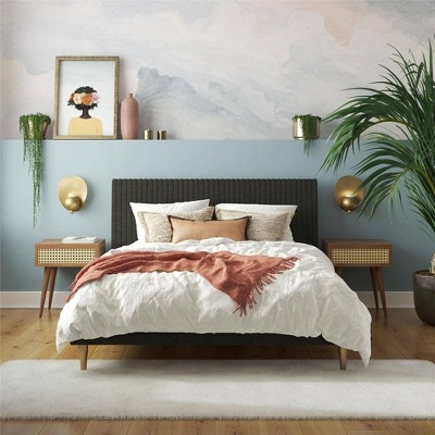 Daphne Dark Gray Linen Queen Upholstered Platform Bed with Brass Legs