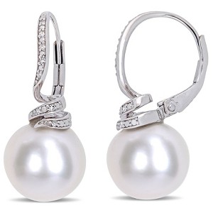 EVERLY JEWELRY | Sterling Silver 0.05 CT Diamond TW 11-12 MM White Freshwater Cultured Pearl LeverBack Earrings - 1 of 4