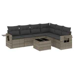 vidaXL 7 Piece Patio Sofa Set with Cushions Gray Poly Rattan - With Table - 1 of 4