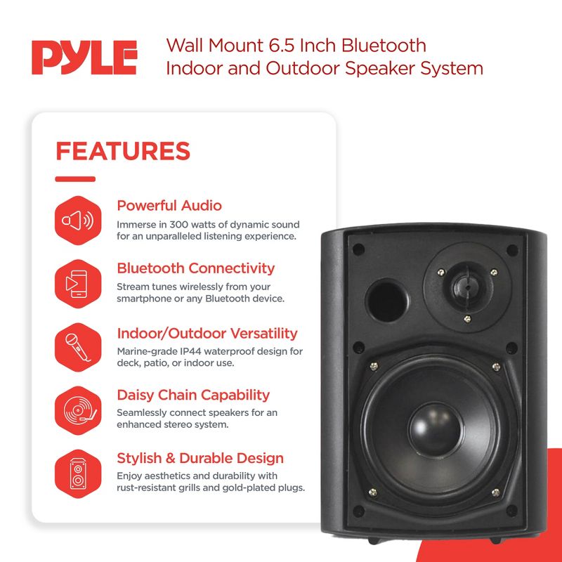 Pyle Audio Wall Mount 6.5 Inch Waterproof Bluetooth Indoor and Outdoor Speaker System Pair with Built-In Digital Amplifier, Black, 2 of 7