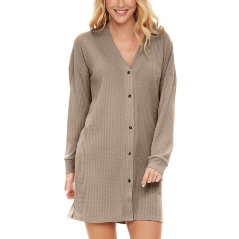 Adr Women's Long Sleeve Ribbed Knit Nightshirt, Button Up V-neck