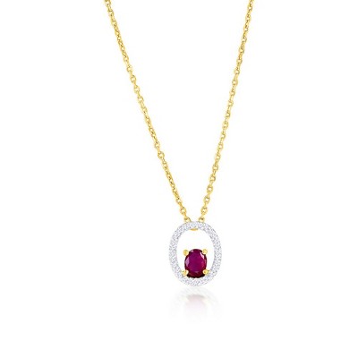Classic Gold 14K Yellow Gold, Oval 0.36ct Ruby, Diamond Pendant - (28 Stones) - Red