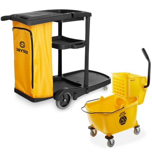 Dryser Commercial Janitorial Cleaning Cart On Wheels With Cover, Shelves  And Vinyl Bag & Commercial Mop Bucket With Side Press Wringer, 26 Qt.  Yellow : Target
