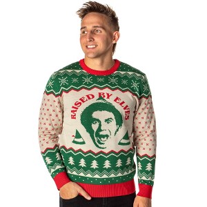 Seven Times Six ELF The Movie Men's Raised By Elves Ugly Christmas Sweater Knit Pullover Brown - 1 of 4