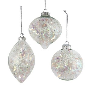Kurt Adler 90MM Glass Iridescent Snowflake Ball, Finial, and Onion 3-Piece Ornament Set - 1 of 4