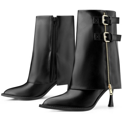 BLISSFUL STEP Women's Pointed Toe Mid Calf Fold Over Buckle Stiletto Heel Boots