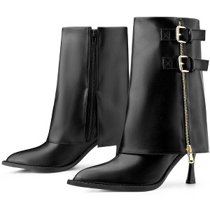 BLISSFUL STEP Women's Pointed Toe Mid Calf Fold Over Buckle Stiletto Heel Booties - 1 of 4