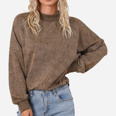 Amaryllis Women's Oversized Velour Sweatshirt Long-Sleeve Pullover Relaxed Fit Cozy Everyday Casual Lounge Top