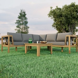 Merax 4-Piece Acacia Wood Outdoor Sofa Set with a Coffee Table and Adjustable Foot Pads - 1 of 4
