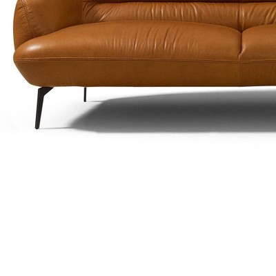 66" Cognac Brown Leather Pillow Back Loveseat with Metal Legs