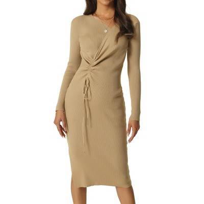 Women Plus Size Basics V Neck Side Slit Short-sleeve Ribbed Beige Midi Dress
