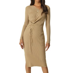 Seta T Women's Fall Winter Long Sleeve V Neck Ruched Drawstring Waist Side Slit Midi Knit Sweater Dresses - 1 of 4