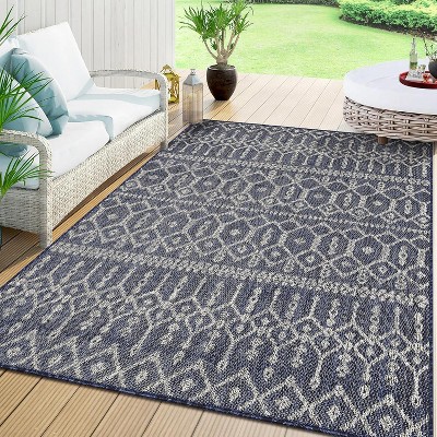 Geometric Patio Runner Rug Blue Indoor Outdoor Non Shedding Easy Clean Boho Floor Mat for RV Picnic Porch Deck Balcony