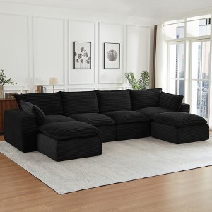 Corduroy Convertible U-Shape Sectional Sofa with Ottoman, Cloud-Style Plush Sleeper Couch with No Assembly Required - 1 of 4