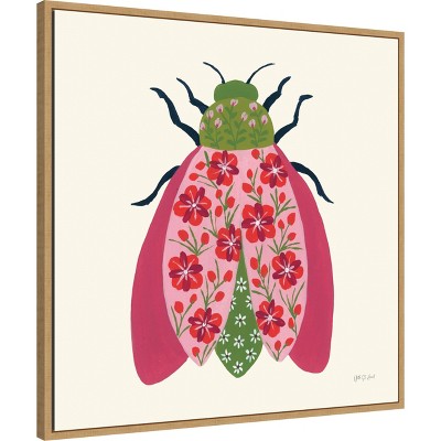 Floral Beetle Lithograph on Canvas with Maple Frame