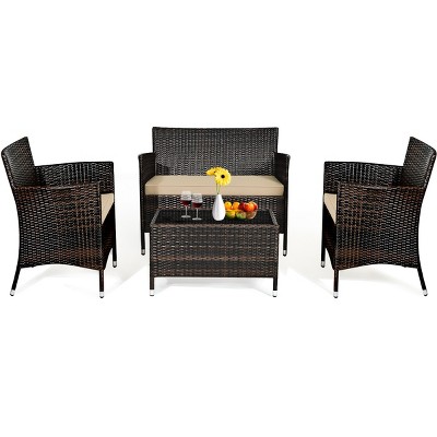 Tangkula 4-Piece Patio Rattan Wicker Conversation Furniture Set Sofa Chair Table Set