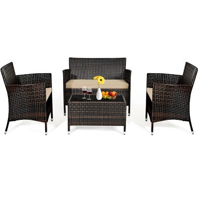 Tangkula 4-piece Patio Rattan Wicker Furniture Set Sofa Chair Table Set ...