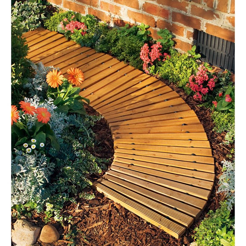 Plow & Hearth Multipurpose Roll-Out Semi-Flexible Reversible Curved Natural Durable Hardwood Plank Pathway Walkway for Garden 4'L x 18"W, 2 of 8