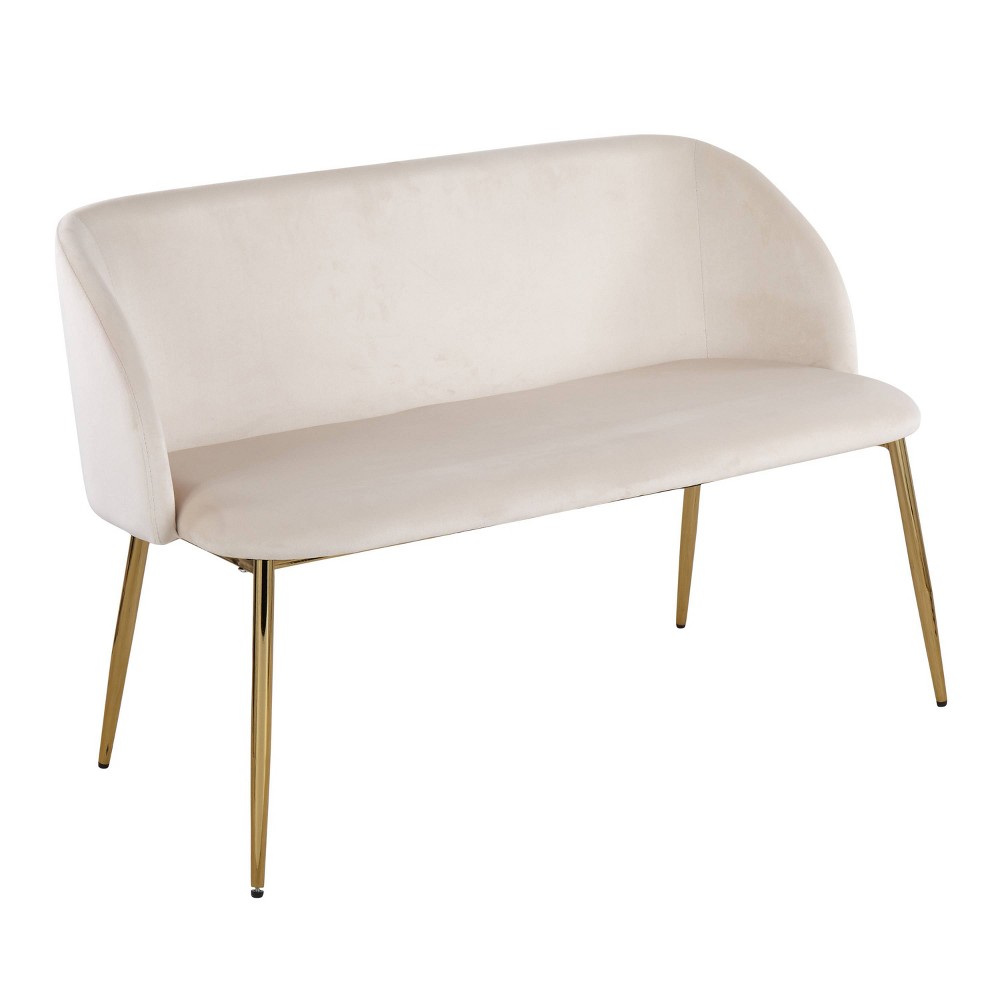 LumiSource 46" Fran Glam Bench Steel/Velvet Gold/Cream: Upholstered Mid-Century Modern Banquette with Padded Seat