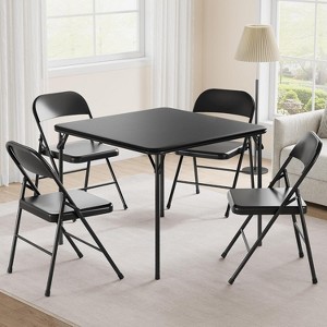 Modern Black Folding Table Set with Faux Leather - 5-piece (table+4 chairs) square design for dining room or compact areas. - 1 of 4
