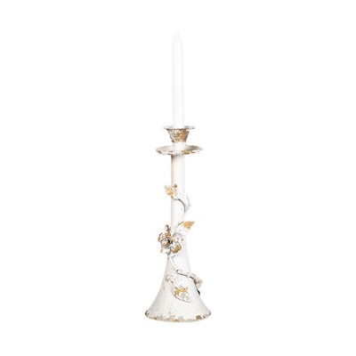 Vintage Metal Candle Holder with Accent Flowers, 14" Tall, Rustic White Finish, Home Decor, Large Size