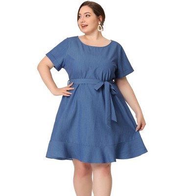 Agnes Orinda Women's Plus Size Belt Waist Ruffle Hem Chambray Shirt Dress