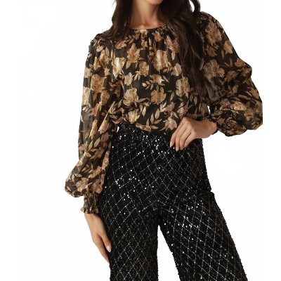 Women's Vee Woven Gold Floral Blouse - FLYING TOMATO
