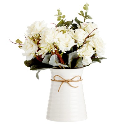 Farmlyn Creek 4 Piece Artificial White Roses, Fake Faux Flowers Plants with Ceramic Vase for Indoor Spring Home Decor