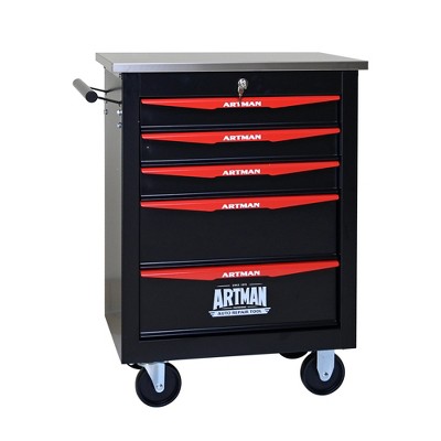 HANPURE 5-Drawer Rolling Tool Cart with Wheels, Metal Storage for Garage/Workshop, Stainless Steel Top - Black & Red