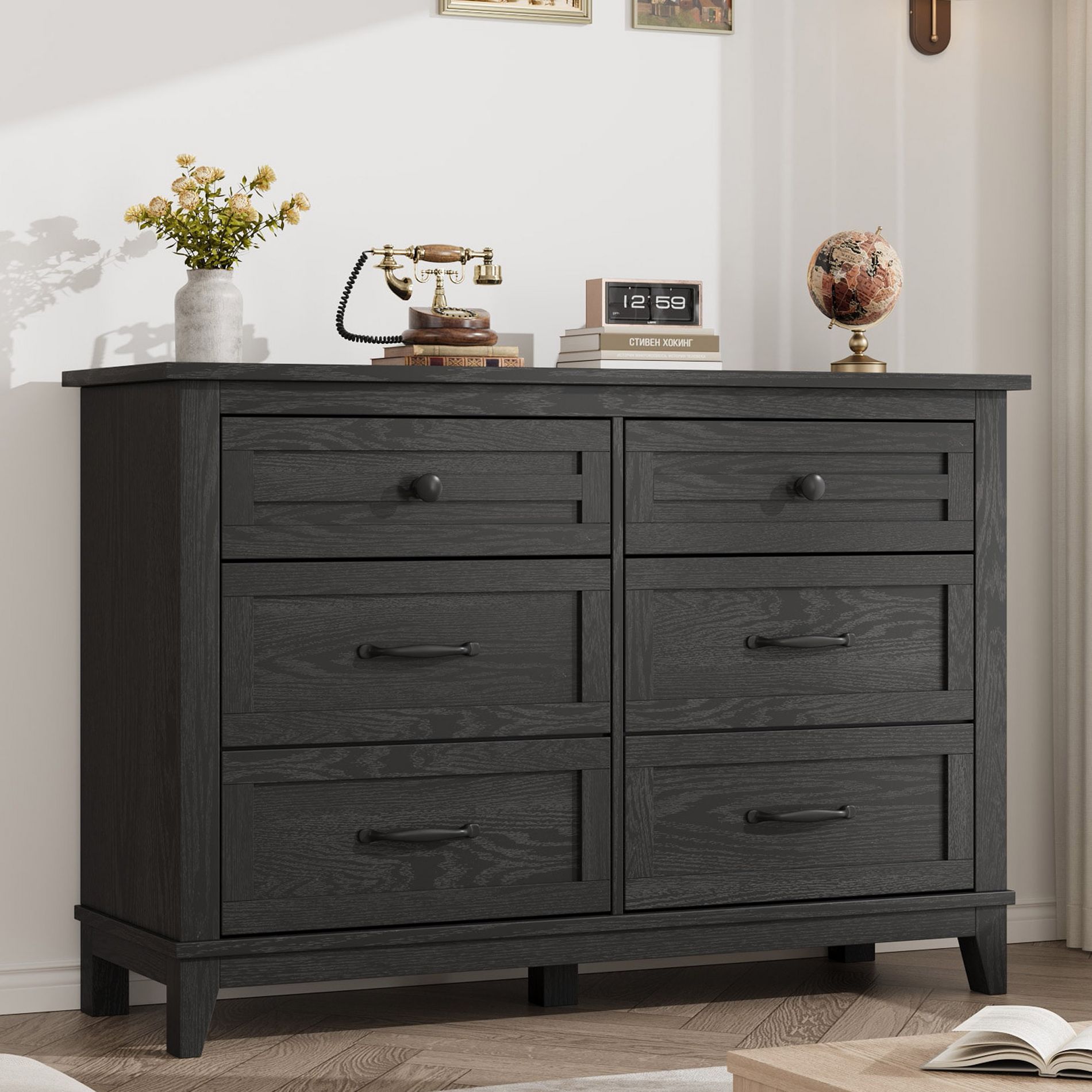 6 Dresser for Bedroom, 47.2" Wide Drawer Dresser with Storage Freestanding, Wooden Closet Storage Chest for Living Room, Bedroom, Black