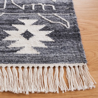 Black and Ivory 4' x 6' Handmade Wool Kilim Rug