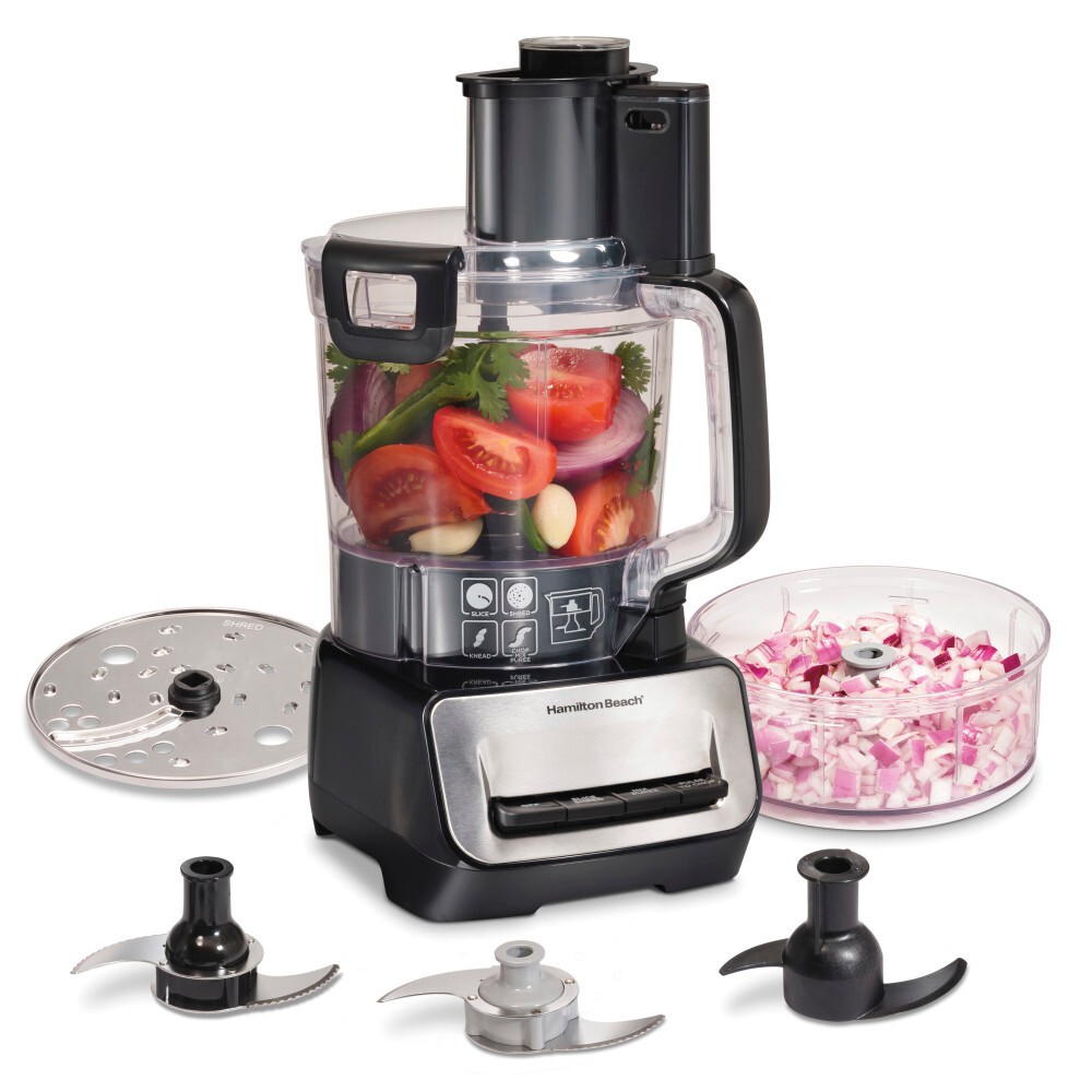 Hamilton Breach Pro Dual Bowl Food Process 70585: 500W Full-Size Processor, 3 Speeds, Large Feed Tube, Dishwasher-Safe