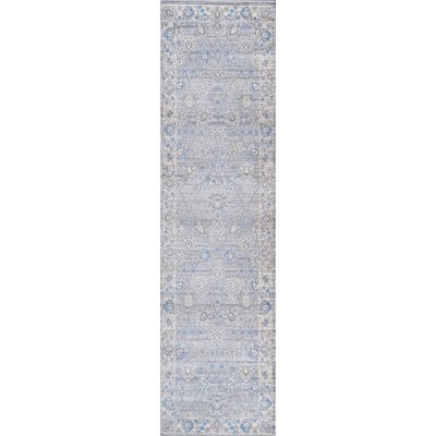 Gray and Blue Floral Synthetic Runner Rug, 2 ft x 8 ft