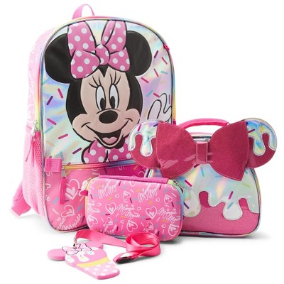 Disney Minnie Mouse Girl's 4-Piece School Backpack with Lunch Bag Set, Pink