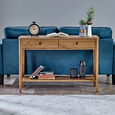 Honey Brown Mid Century Pine Wood Console Table with Storage