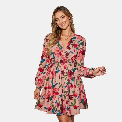Women's Long Sleeve Elastic Waist Ditsy Floral Dress -Cupshe