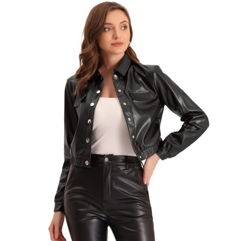 Allegra K Women's Collar Button Front Moto Cropped Faux Leather Jackets ...
