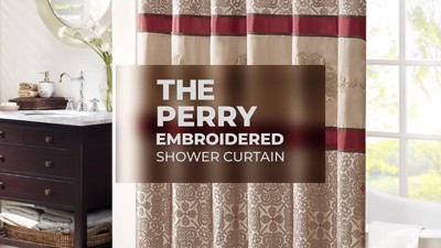 Donovan Navy and Beige Embroidered Fabric Shower Curtain