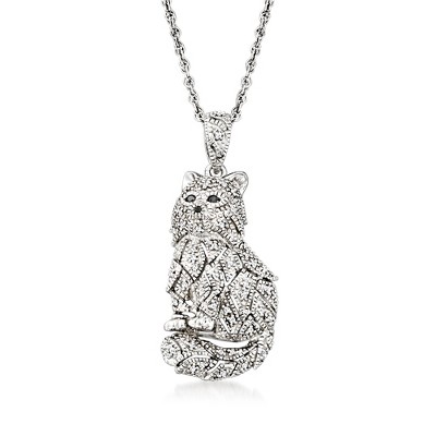 Ross-Simons 0.15 ct. t.w. Black and White Diamond Cat Pendant Necklace in Sterling Silver