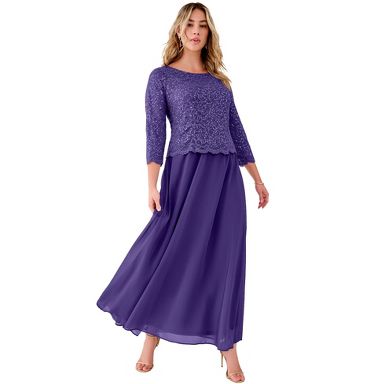 Petite Plus Size Women's Plus Size Sequin Lace Three Quarter Sleeve A-Line Gown by Roaman's in Midnight Violet (Size 20 W)