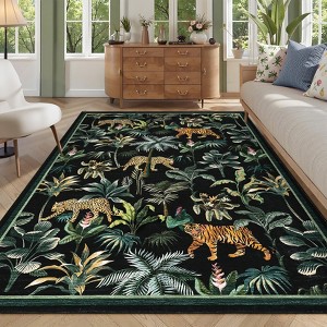 Living Room Rug, Tiger Rugs, Tropical Jungle Plant Rugs, Washable Rug for Bedroom, Non Slip Non Shedding, Low Pile Stain Resistant Carpet - 1 of 4