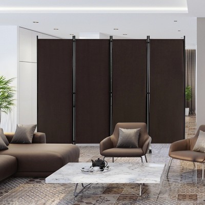 Brown Metal and Polyester 4-Panel Folding Room Divider with Wheels