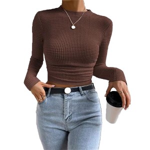 Women's Ribbed Round Neck Slim Fitted T Shirts Basic Long Sleeve Tee Tops,M,coffee - 1 of 3