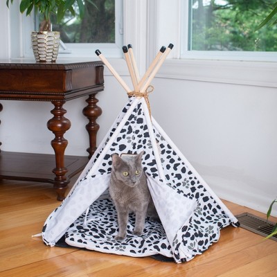 White and Black Paw Print Canvas Teepee Cat Bed
